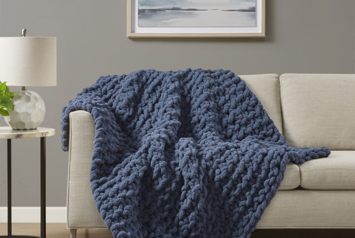 Chenille Chunky Knit Throw in Navy Blue From Madison Park