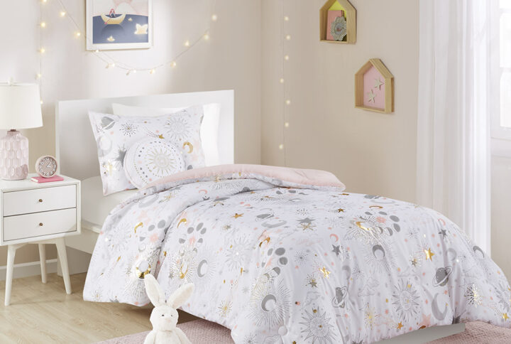 Celia Starry Sky Metallic Comforter Set with Throw Pillow in Blush/Gold From Mi Zone Kids