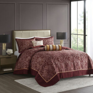 Aubrey 5 Piece Jacquard Bedspread Set with Throw Pillows in Burgundy From Madison Park