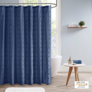 Brooklyn Cotton Jacquard Pom Pom Shower Curtain in Indigo Blue From Urban Habitat