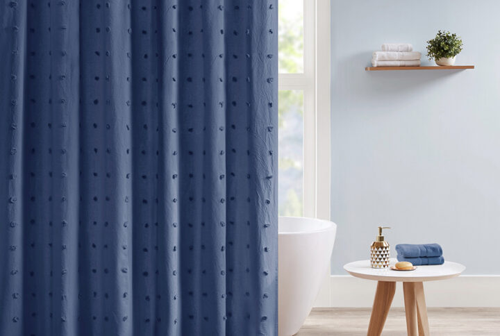 Brooklyn Cotton Jacquard Pom Pom Shower Curtain in Indigo Blue From Urban Habitat