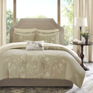 Vaughn 9 Piece Comforter Set with Cotton Bed Sheets in Taupe From Madison Park Essentials