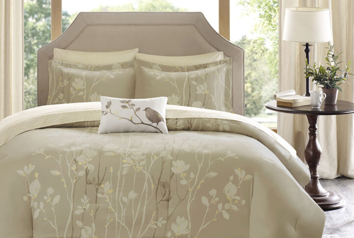 Vaughn 9 Piece Comforter Set with Cotton Bed Sheets in Taupe From Madison Park Essentials