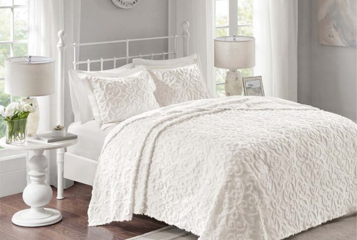 Sabrina 3 Piece Tufted Cotton Chenille Bedspread Set in Off-White From Madison Park