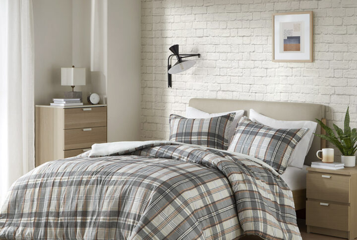 Blake Plaid Duvet Cover Set in Tan/Gray From Intelligent Design