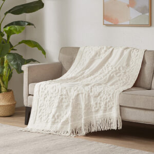 Chloe 100% Cotton Tufted Chenille Lightweight Throw With Fringe Tassel 50" x 60" in Ivory From Madison Park