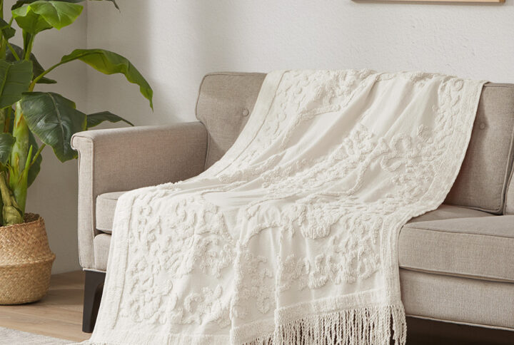 Chloe 100% Cotton Tufted Chenille Lightweight Throw With Fringe Tassel 50" x 60" in Ivory From Madison Park