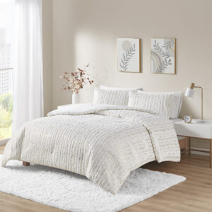 Naomi Metallic Print Faux Fur Comforter Set in White/Gold From Intelligent Design