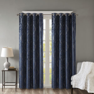 Mirage Knitted Jacquard Damask Total Blackout Grommet Top Curtain Panel in Navy From SunSmart