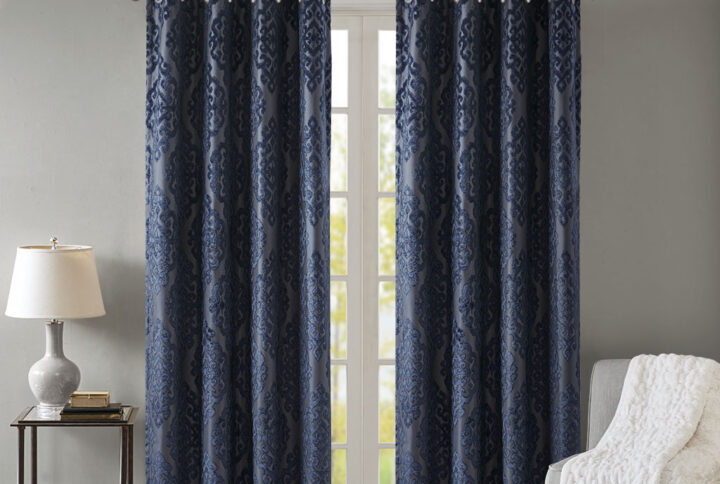 Mirage Knitted Jacquard Damask Total Blackout Grommet Top Curtain Panel in Navy From SunSmart