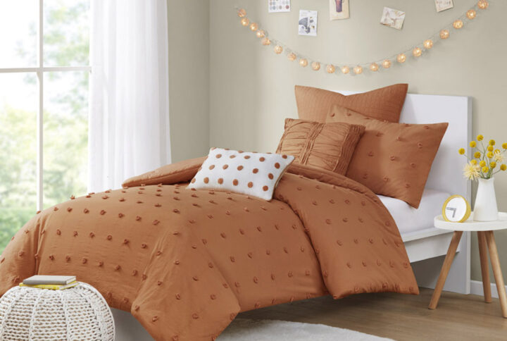 Brooklyn Cotton Jacquard Duvet Cover Set with Euro Shams and Throw Pillows in Rust From Urban Habitat