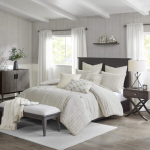 Essence Oversized Cotton Clipped Jacquard Comforter Set with Euro Shams and Throw Pillows in Ivory From Madison Park Signature