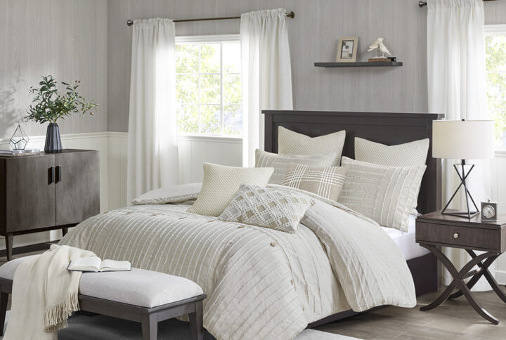 Essence Oversized Cotton Clipped Jacquard Comforter Set with Euro Shams and Throw Pillows in Ivory From Madison Park Signature