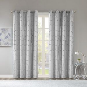 Raina Total Blackout Metallic Print Grommet Top Curtain Panel Pair in Grey/Silver From Intelligent Design