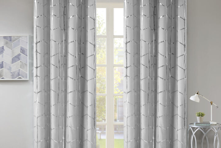 Raina Total Blackout Metallic Print Grommet Top Curtain Panel Pair in Grey/Silver From Intelligent Design