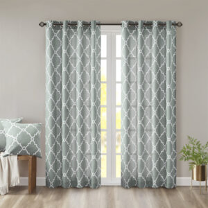 Saratoga Fretwork Print Grommet Top Window Curtain Panel in Seafoam/White From Madison Park