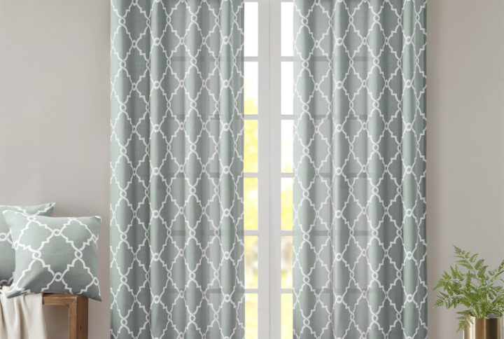 Saratoga Fretwork Print Grommet Top Window Curtain Panel in Seafoam/White From Madison Park