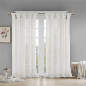 Rosette Floral Embellished Cuff Tab Top Solid Curtain Panel in White From Madison Park