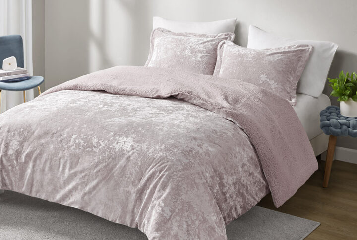 Mira Crushed Velvet Sherpa Reversible Comforter Set in Lavender From Intelligent Design