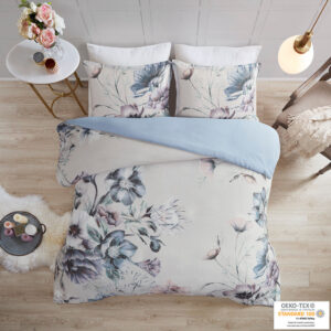 Cassandra 3 Piece Cotton Printed Duvet Cover Set in Blue From Madison Park