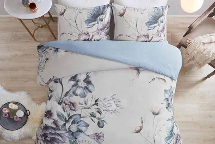 Cassandra 3 Piece Cotton Printed Duvet Cover Set in Blue From Madison Park