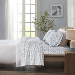 Cozy Flannel Printed Sheet Set in Tan/Blue Snowflakes From True North by Sleep Philosophy