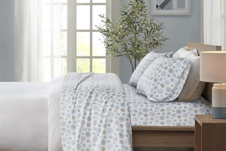 Cozy Flannel Printed Sheet Set in Tan/Blue Snowflakes From True North by Sleep Philosophy