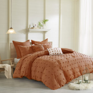 Brooklyn Cotton Jacquard Duvet Cover Set with Euro Shams and Throw Pillows in Rust From Urban Habitat