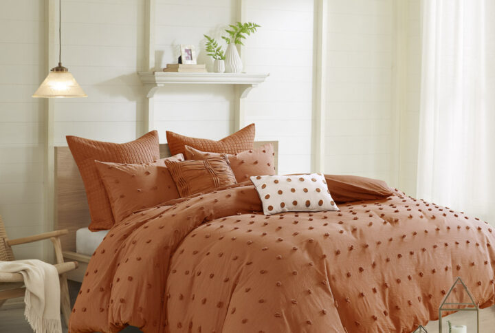 Brooklyn Cotton Jacquard Duvet Cover Set with Euro Shams and Throw Pillows in Rust From Urban Habitat