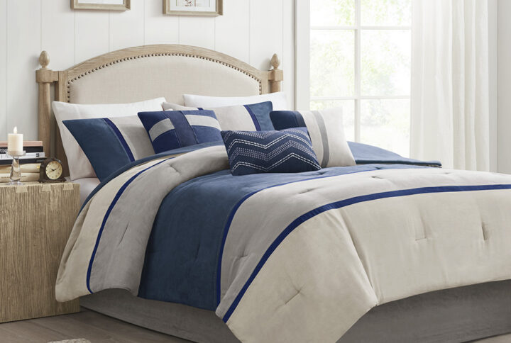 Palisades 7 Piece Faux Suede Comforter Set in Blue From Madison Park