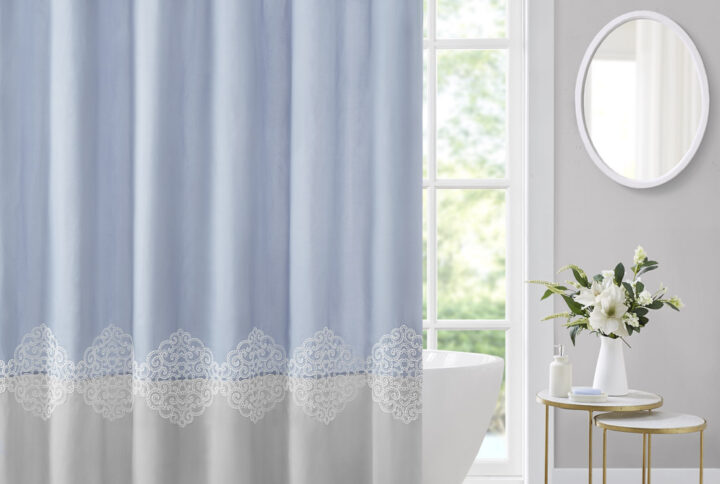 Panache Pieced and Embroidered Shower Curtain in Blue From Madison Park