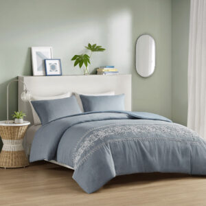 Bree Embroidered Duvet Cover Set in Blue From Intelligent Design