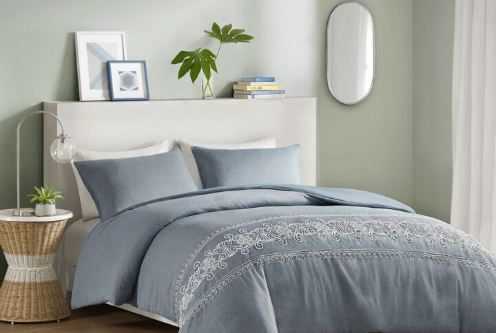 Bree Embroidered Duvet Cover Set in Blue From Intelligent Design