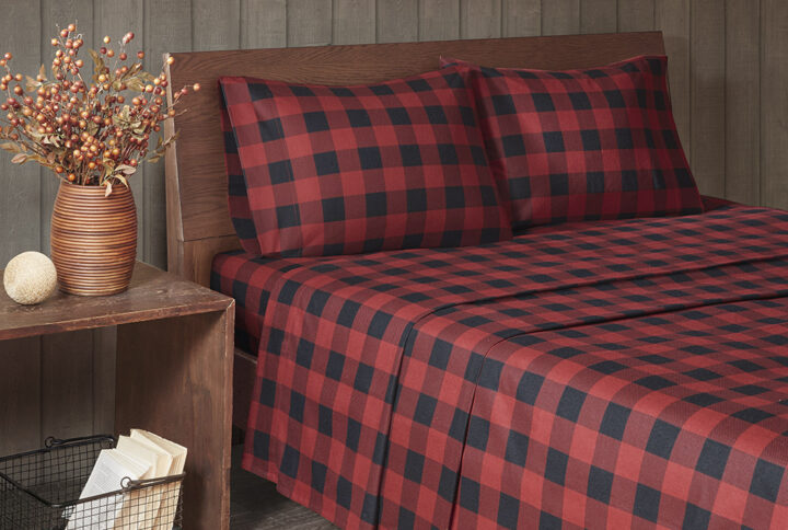 Flannel Sheet Set in Red/Black Buffalo Check From Woolrich