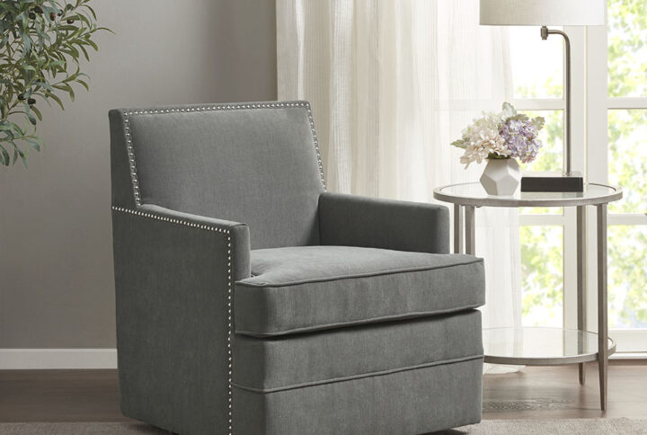 Circa Upholstered Swivel Chair in Grey From Madison Park