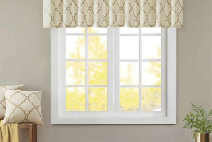 Saratoga Fretwork Print Grommet Top Window Valance in Beige/Gold From Madison Park