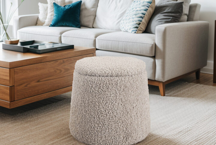 Tara Round Storage Ottoman in Beige From Chapel Hill