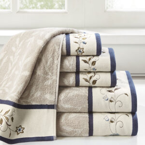 Serene Embroidered Cotton Jacquard 6 Piece Towel Set in Navy From Madison Park