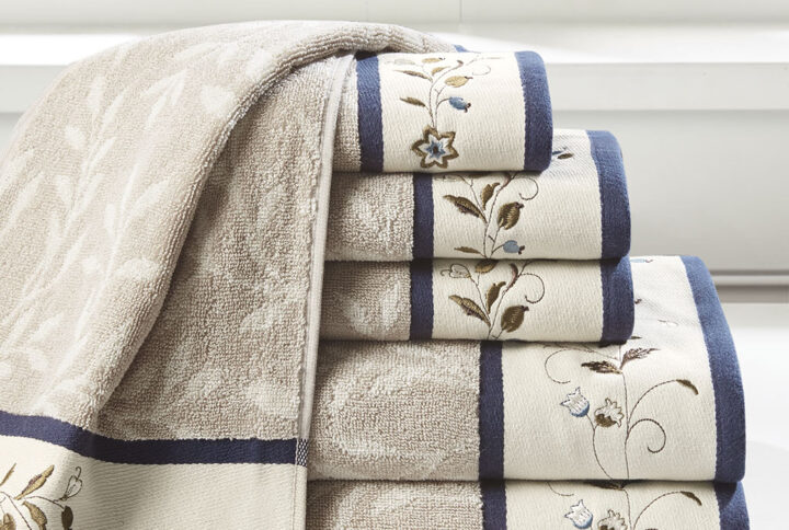 Serene Embroidered Cotton Jacquard 6 Piece Towel Set in Navy From Madison Park