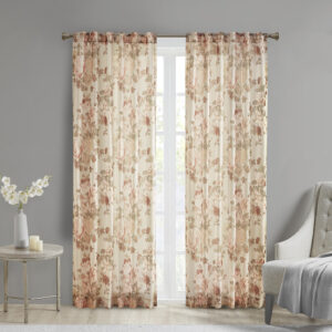 Simone Printed Floral Rod Pocket and Back Tab Voile Sheer Curtain in Blush From Madison Park