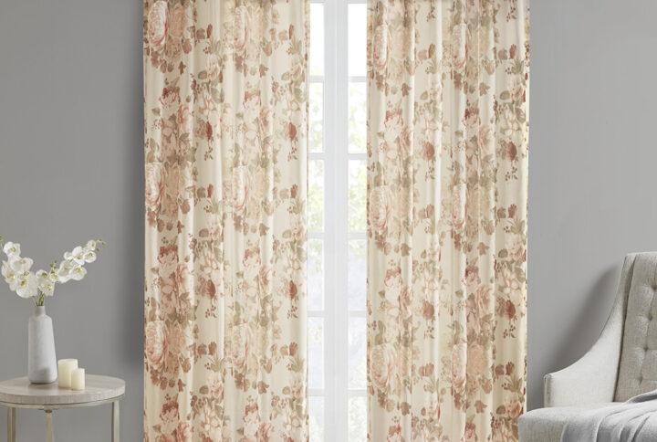 Simone Printed Floral Rod Pocket and Back Tab Voile Sheer Curtain in Blush From Madison Park