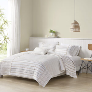 Salar 3 Piece Printed Cotton Quilt Set with Trims in Natural From INK+IVY