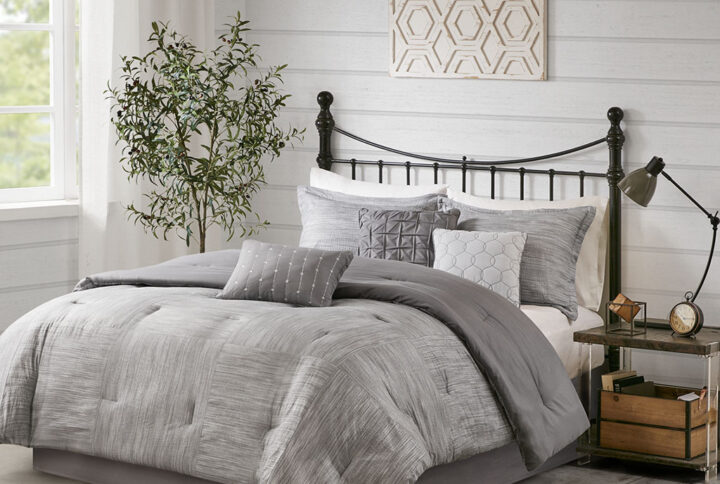 Walter 7 Piece Printed Seersucker Comforter Set in Grey From Madison Park