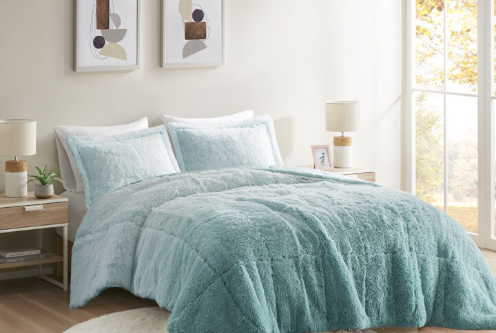 Brielle Ombre Shaggy Long Fur Comforter Mini Set in Aqua From Intelligent Design