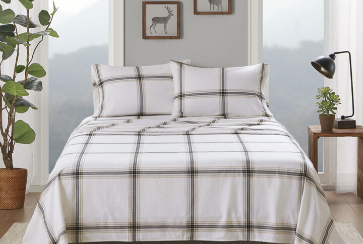 Cotton Flannel Sheet Set in Tan Plaid From Woolrich