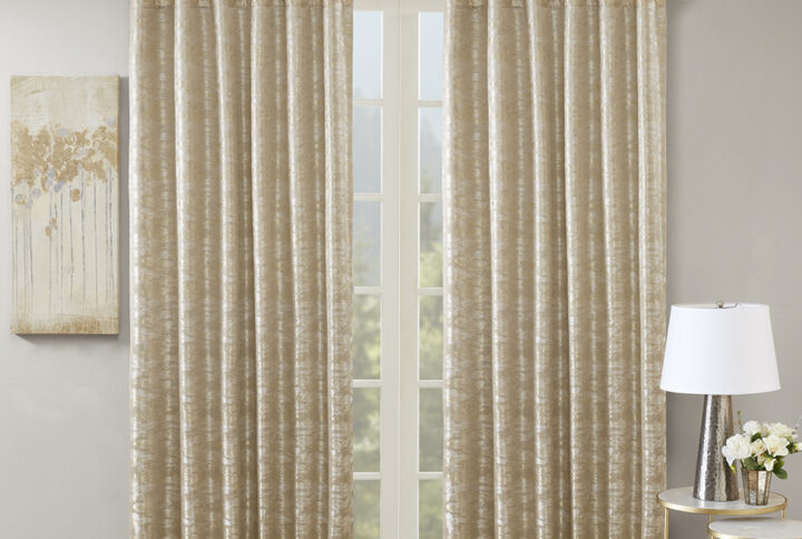 Cassius Jacquard Lined Total Blackout Rod Pocket/Back Tab Curtain Panel in Gold From SunSmart