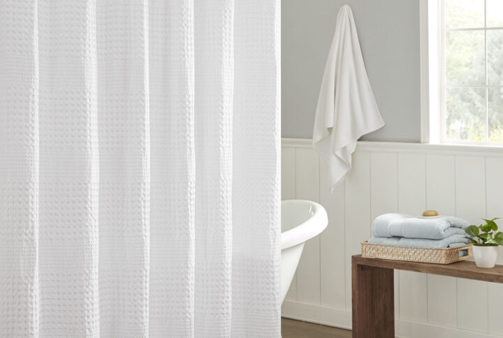 Arlo Super Waffle Textured Solid Shower Curtain in White From Madison Park