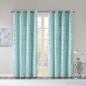 Raina Total Blackout Metallic Print Grommet Top Curtain Panel in Aqua/Silver From Intelligent Design