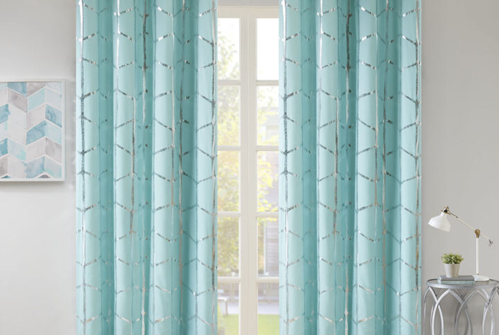 Raina Total Blackout Metallic Print Grommet Top Curtain Panel in Aqua/Silver From Intelligent Design