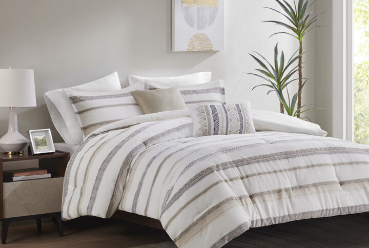 Langley 5 Piece Clipped Jacquard  Comforter Set in Neutral From Madison Park